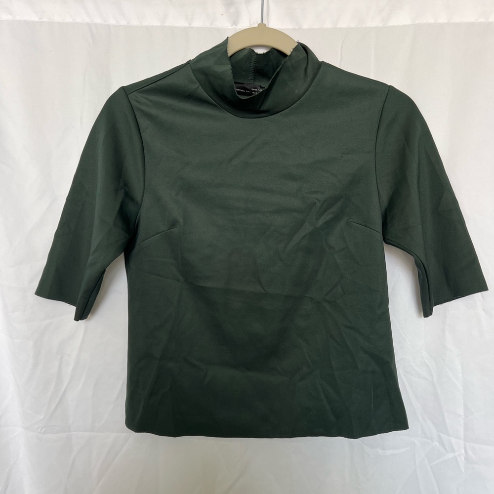 Zara High Neck Tee Shirt Dark Forest Green Womens Size Small